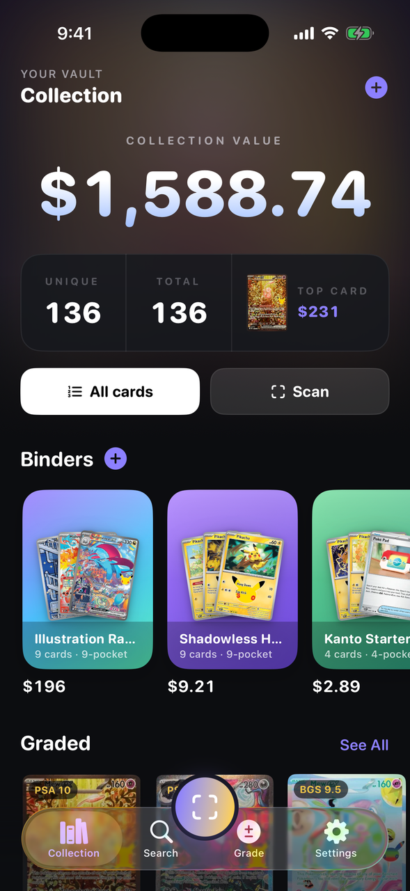 The collection screen: a running total of $1,588.74 across 136 cards, with the top card at $231, above a shelf of binders each with its own value.