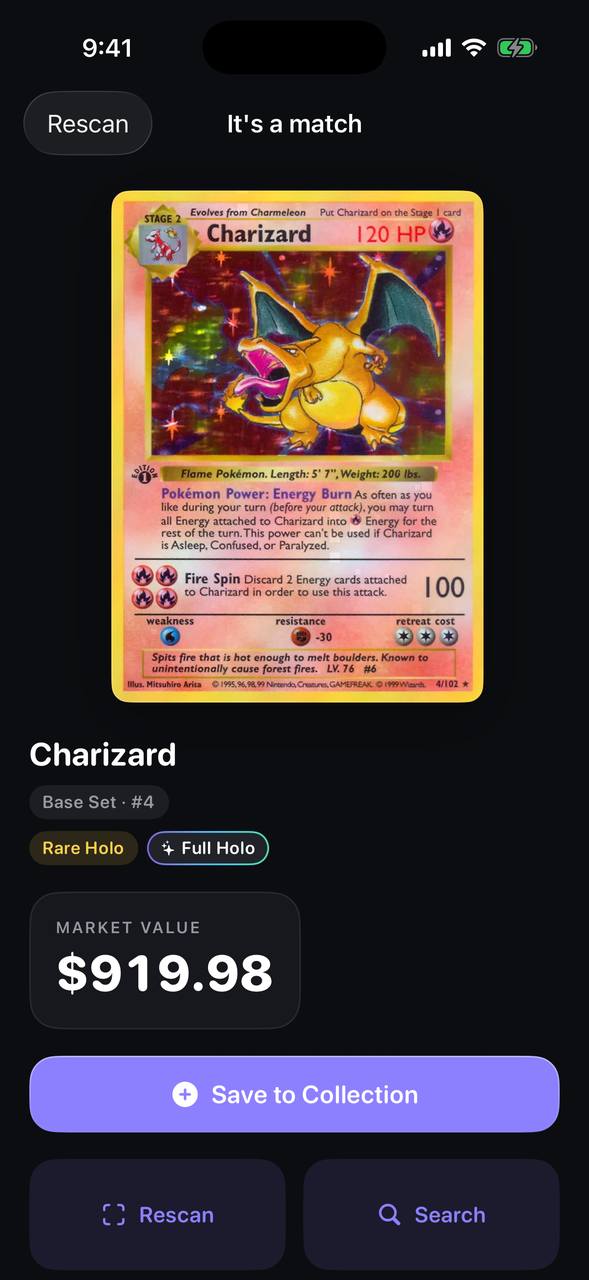 Cardient after a scan: a Base Set Charizard identified as Rare Holo, #4, with a market value of $919.98.